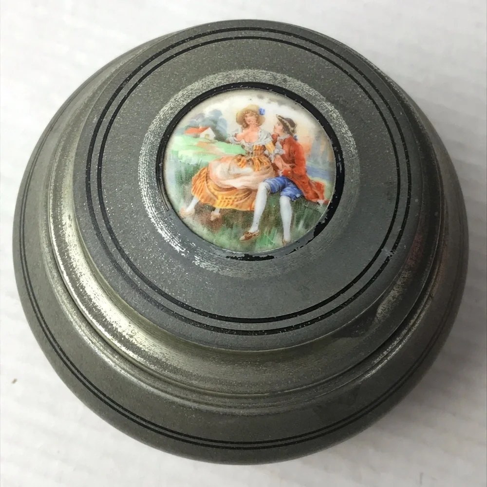 Vintage Metallic Powder Puff Music Box - Vanity Round Drum Box - Switzerland